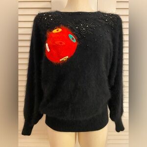 Vintage Retro Black Beaded Scoop Neck Sweater with Red Pom Accent